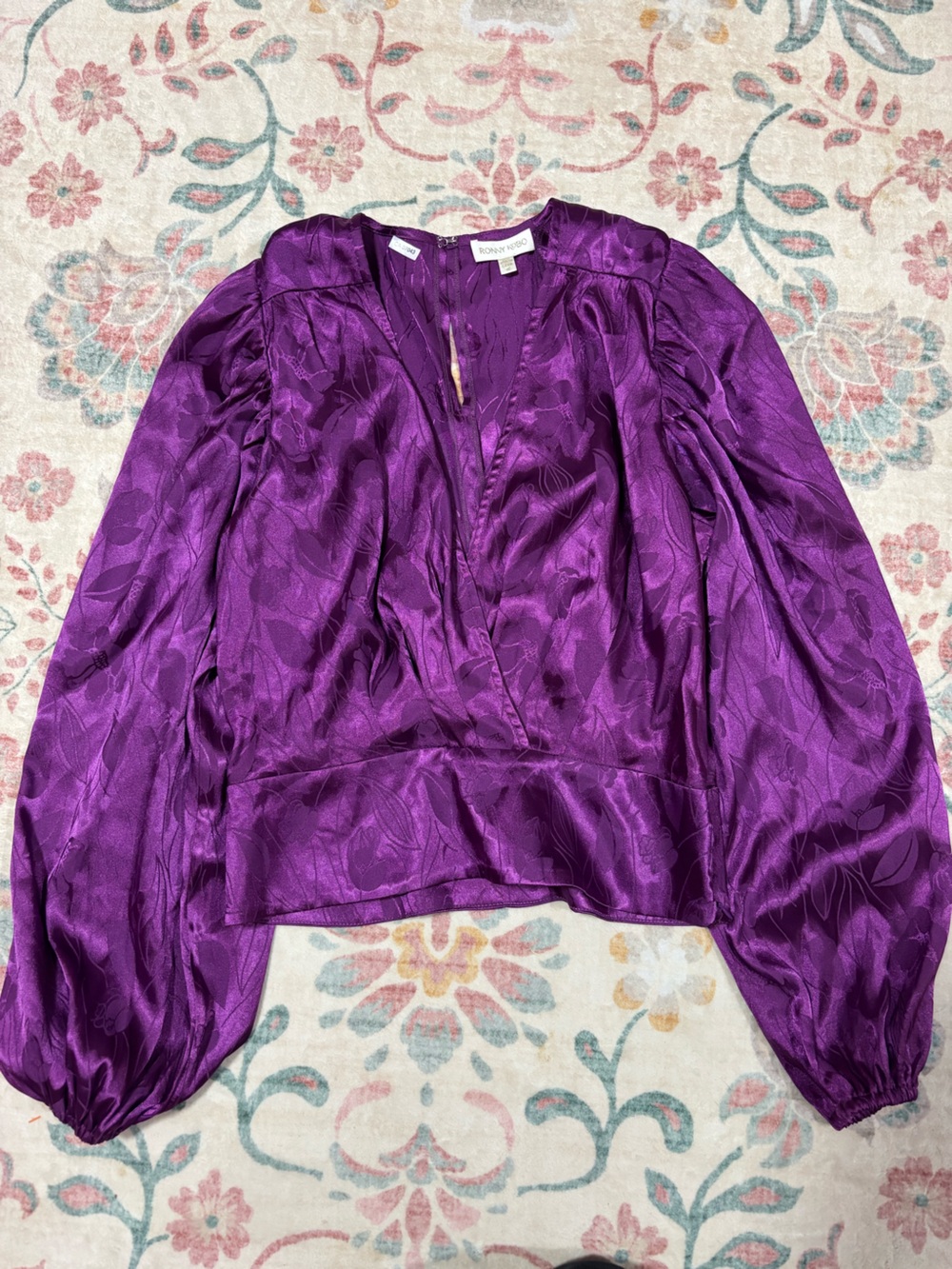 Ronny Kobo Collection Deep Purple Jacquard V-Neck Puff Sleeve Blouse